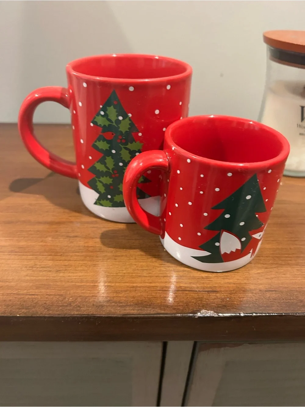 Crate&Barrel Red Ceramic Mugs with Green Tree Motif